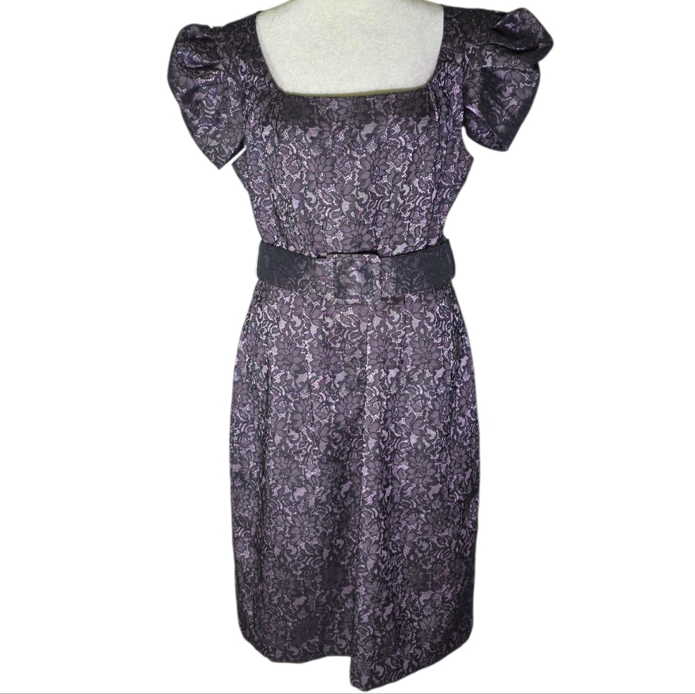 Adriana Papell Black & Purple Lace Print Belted Formal Dress